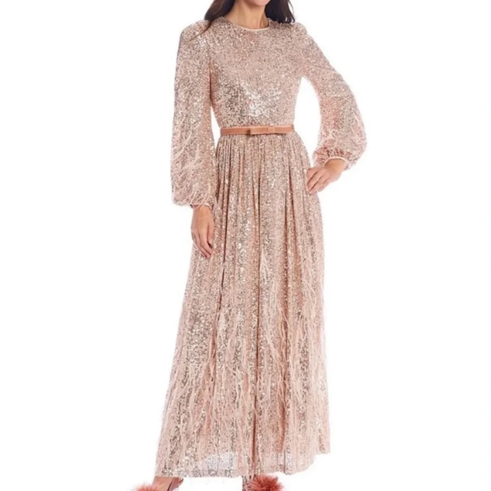NWOT Antonio Melani x Nicola Bathie Sequin Crew Neck Long Sleeve Feather Dress - Picture 3 of 11
